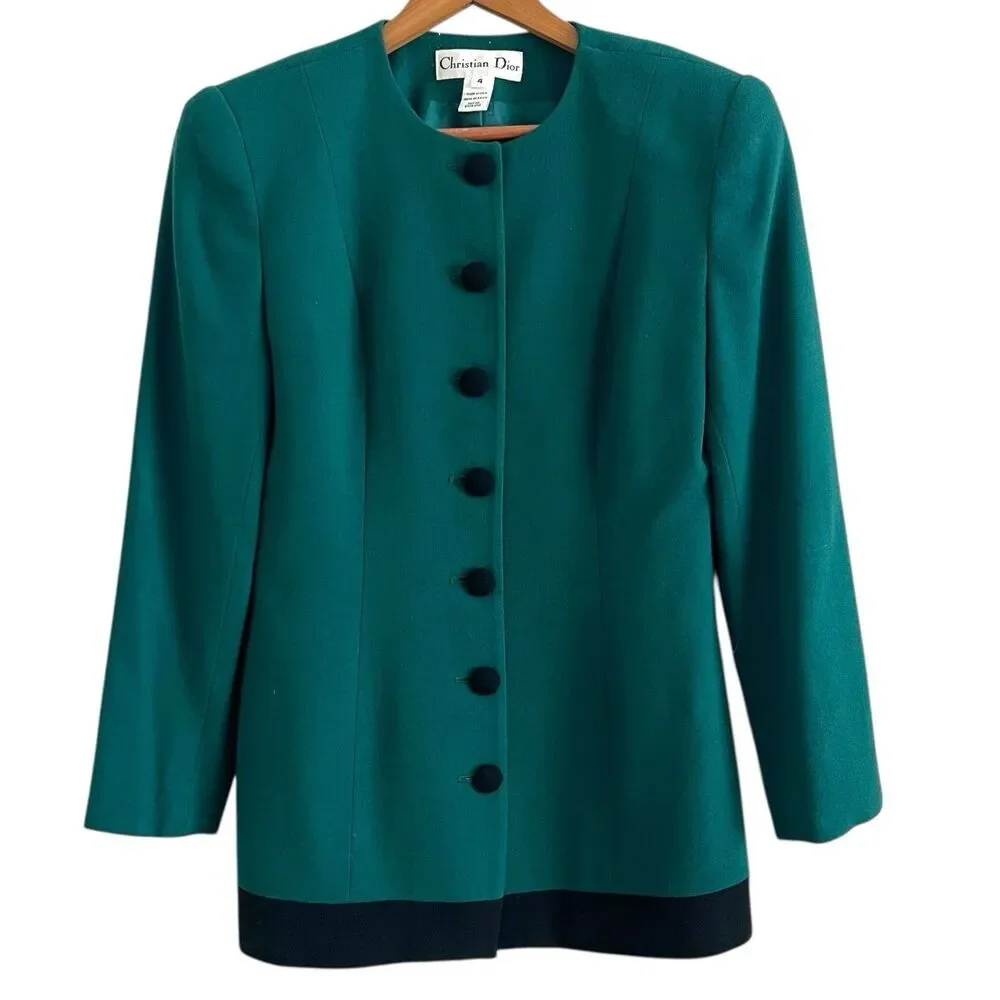 Christian Dior Vintage Wool Blazer Jacket Sz 4 Green Old Money Classic Heritage